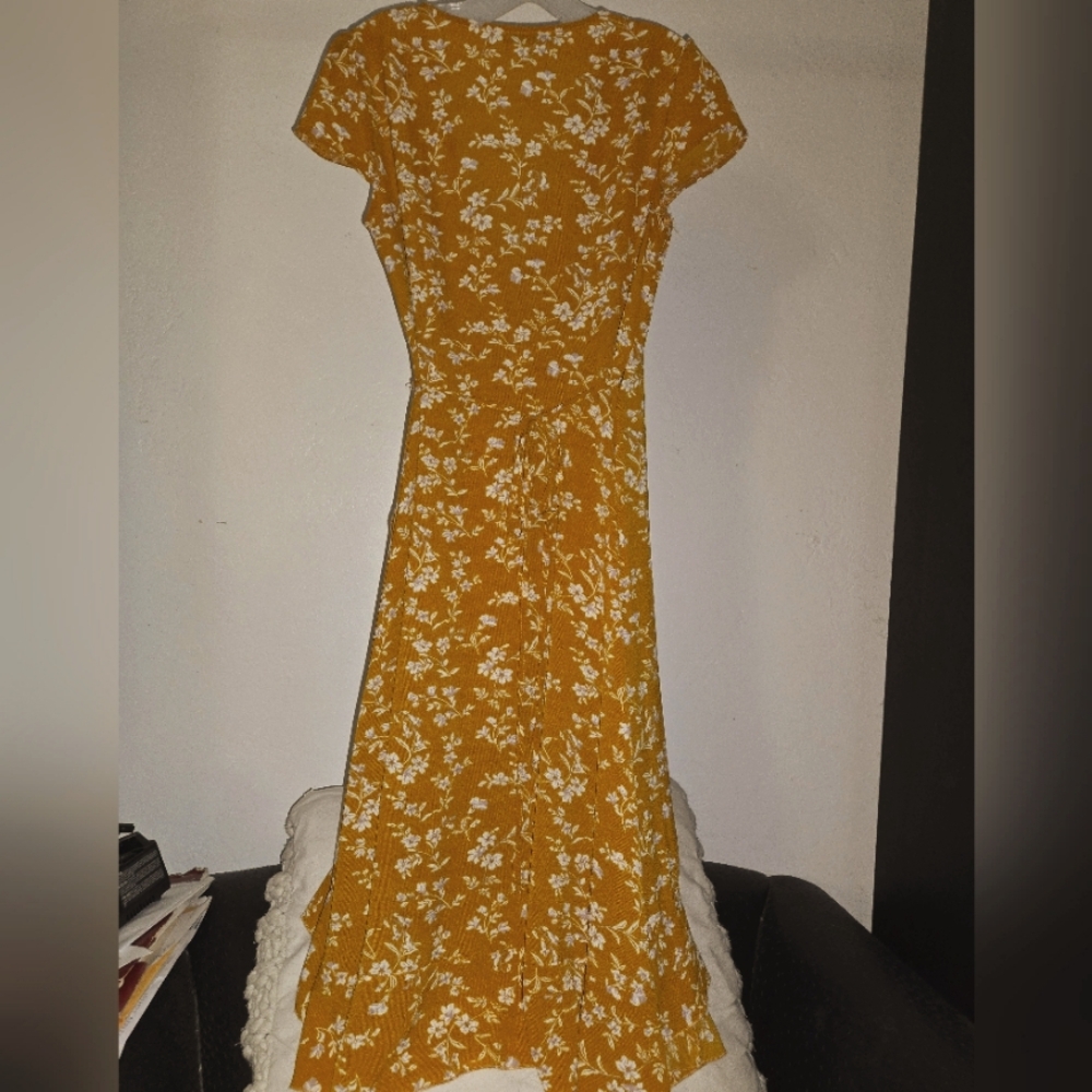 Shein mustard yellow floral wrap dress with high low hem